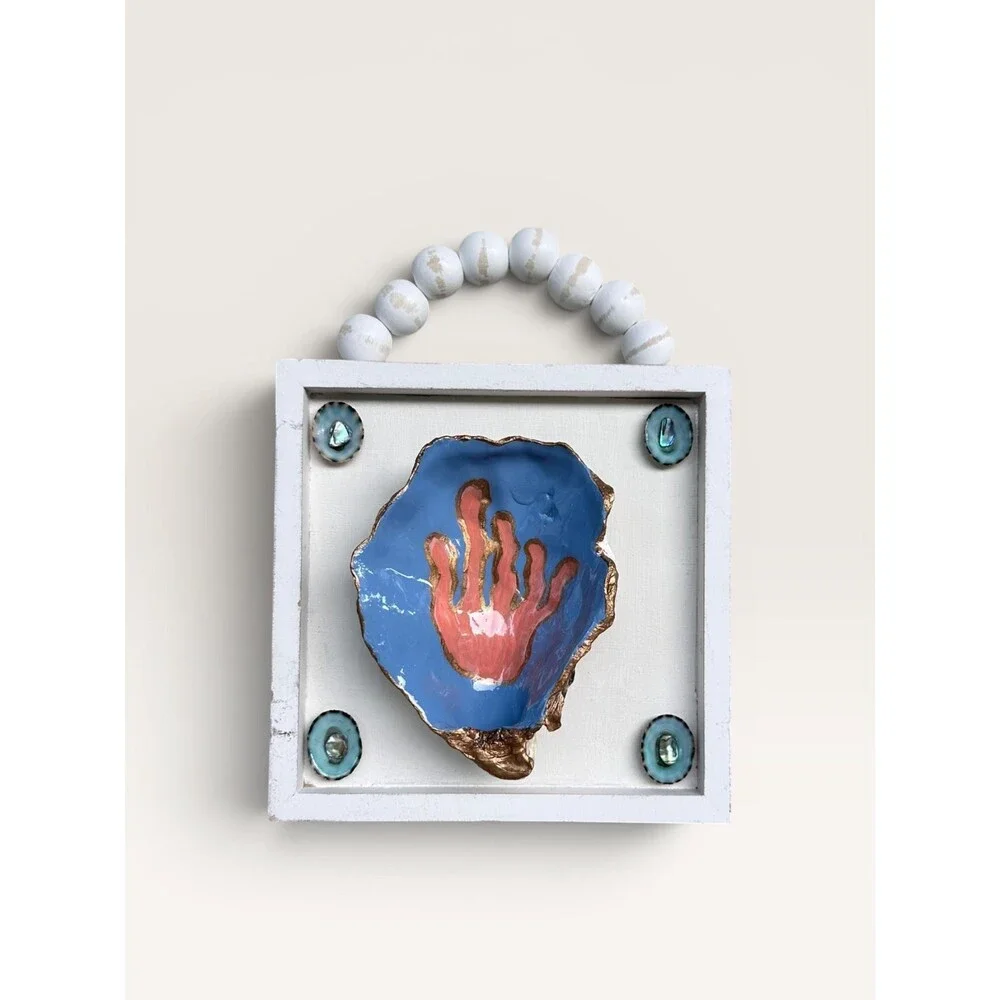 Hand-Painted Coral Oyster Shell Framed Art Sign Beach House Decor, Limpet Shells